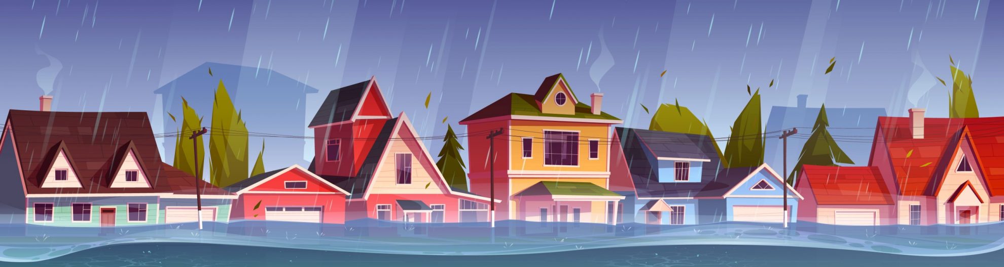 Drawing of houses under heavy rain illustrates blog: "How to Get Flood Insurance in Texas?"